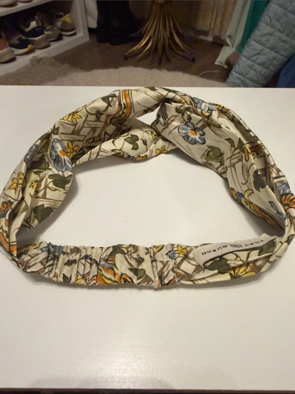 Tory Burch Floral Bird Print Silk Scarf in Cream, Yellow & Blue